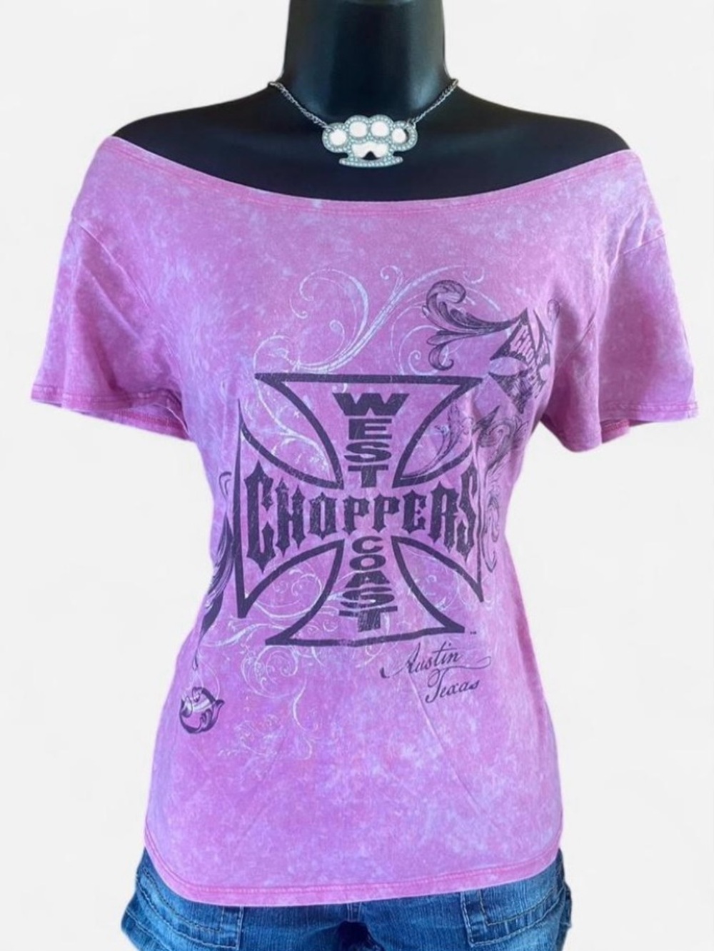 West Coast Choppers Pink Off-Shoulder Grunge Graphic Tee